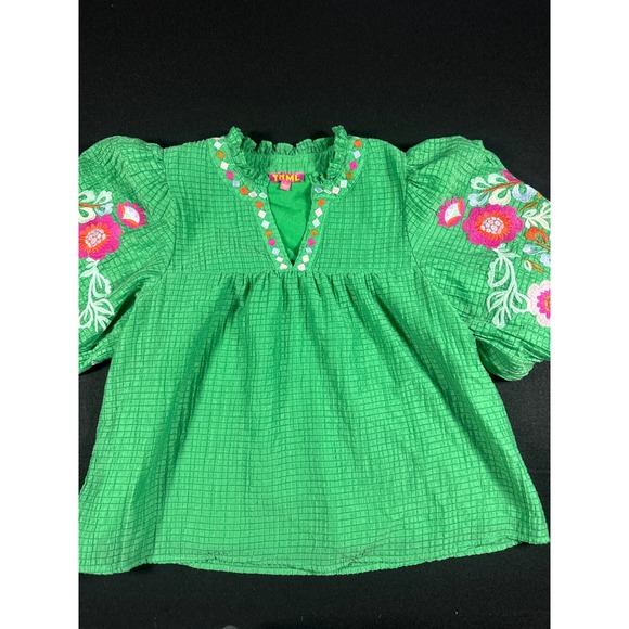 THML Tops - THML Green Seersucker Floral Embroidered Puff Sleeve Blouse Top Womens Large